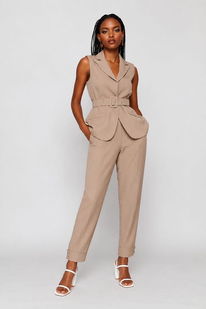 Belted Sleeveless Melange Blazer - Taupe