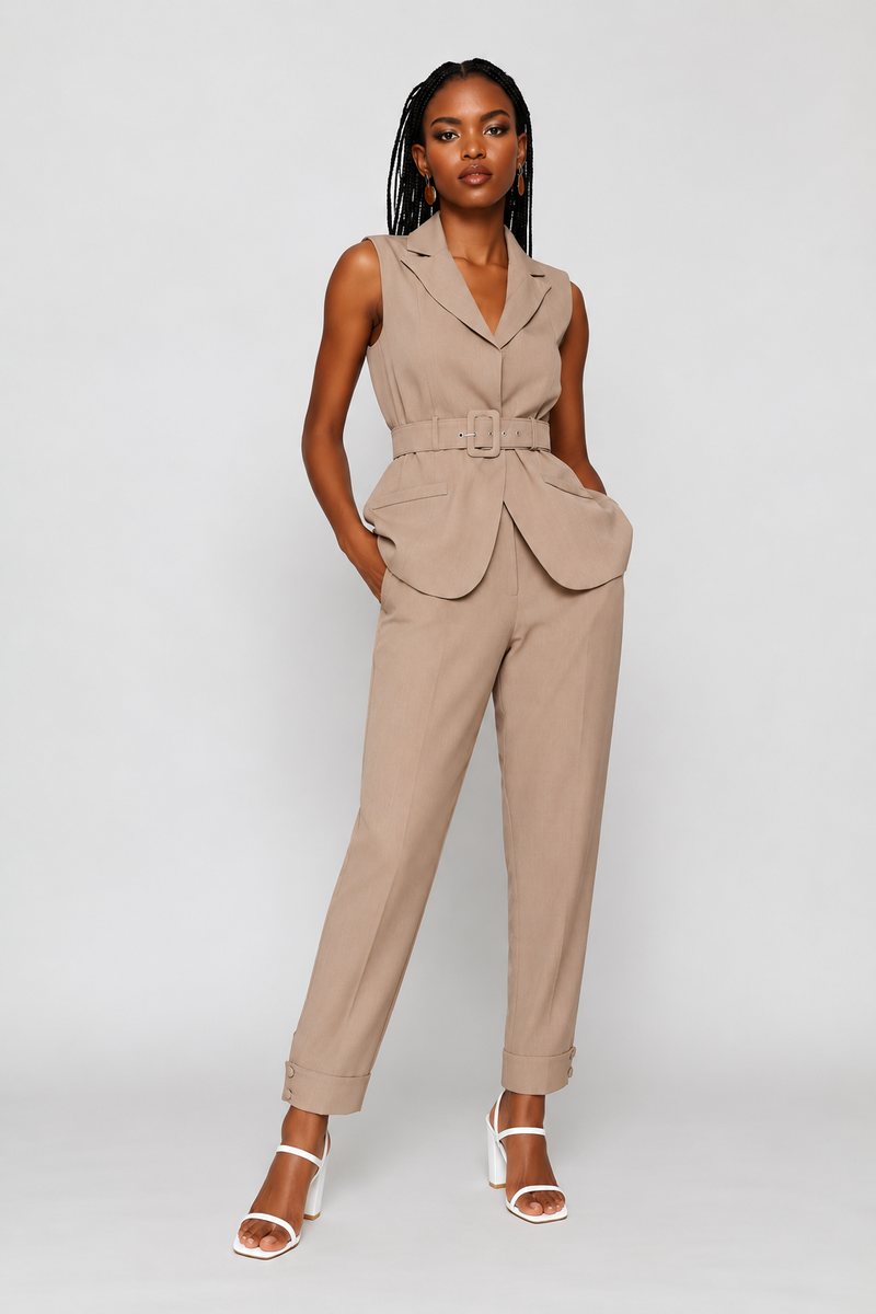 Belted Sleeveless Melange Blazer - Taupe