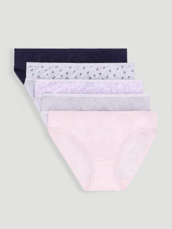 5 Pack Cotton Stretch Bikini Panties - Pink Leaf/Navy/Grey Leaf