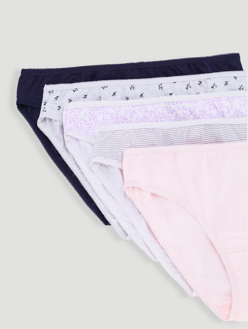 5 Pack Cotton Stretch Bikini Panties - Pink Leaf/Navy/Grey Leaf