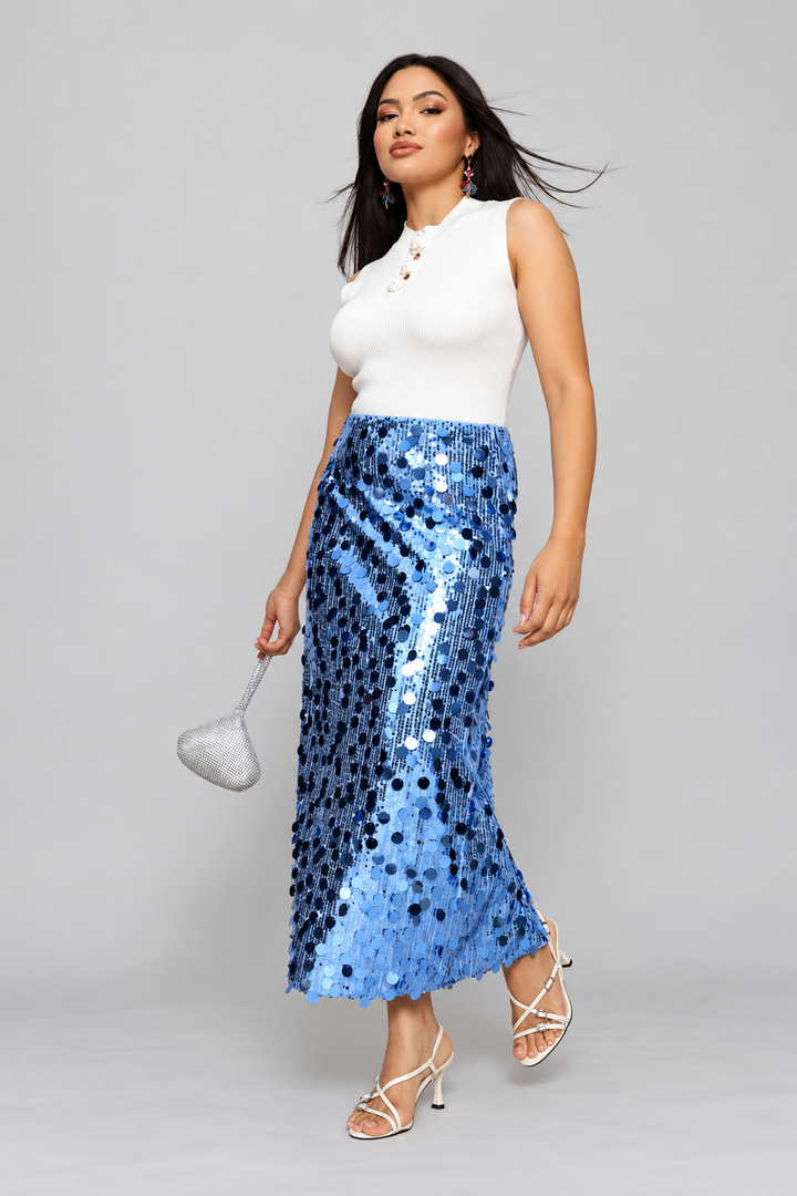 High Waisted Sequin Maxi Skirt With Back Slit - Blue