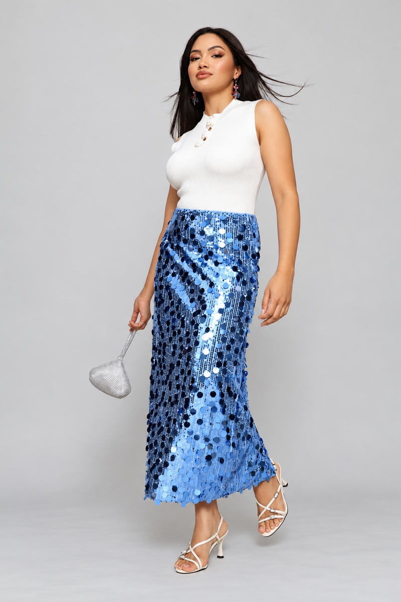 High Waisted Sequin Maxi Skirt With Back Slit - Blue
