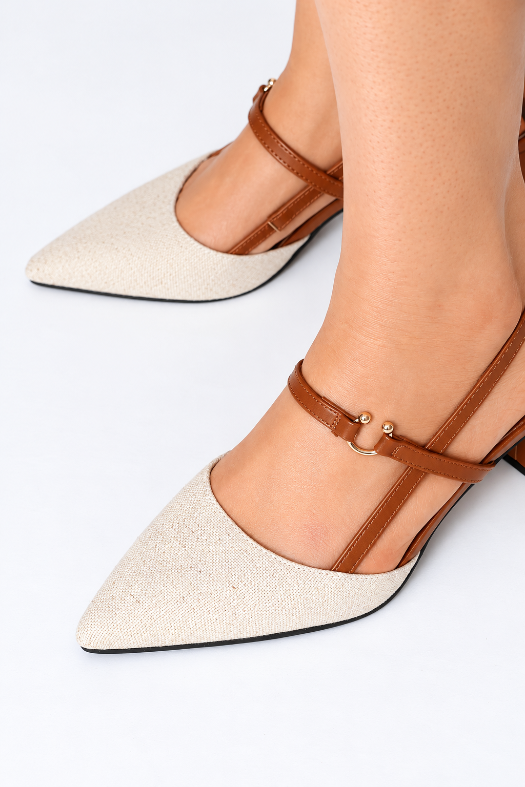 Contrast Mary Jane Slingback Block Heel - Natural/Tan