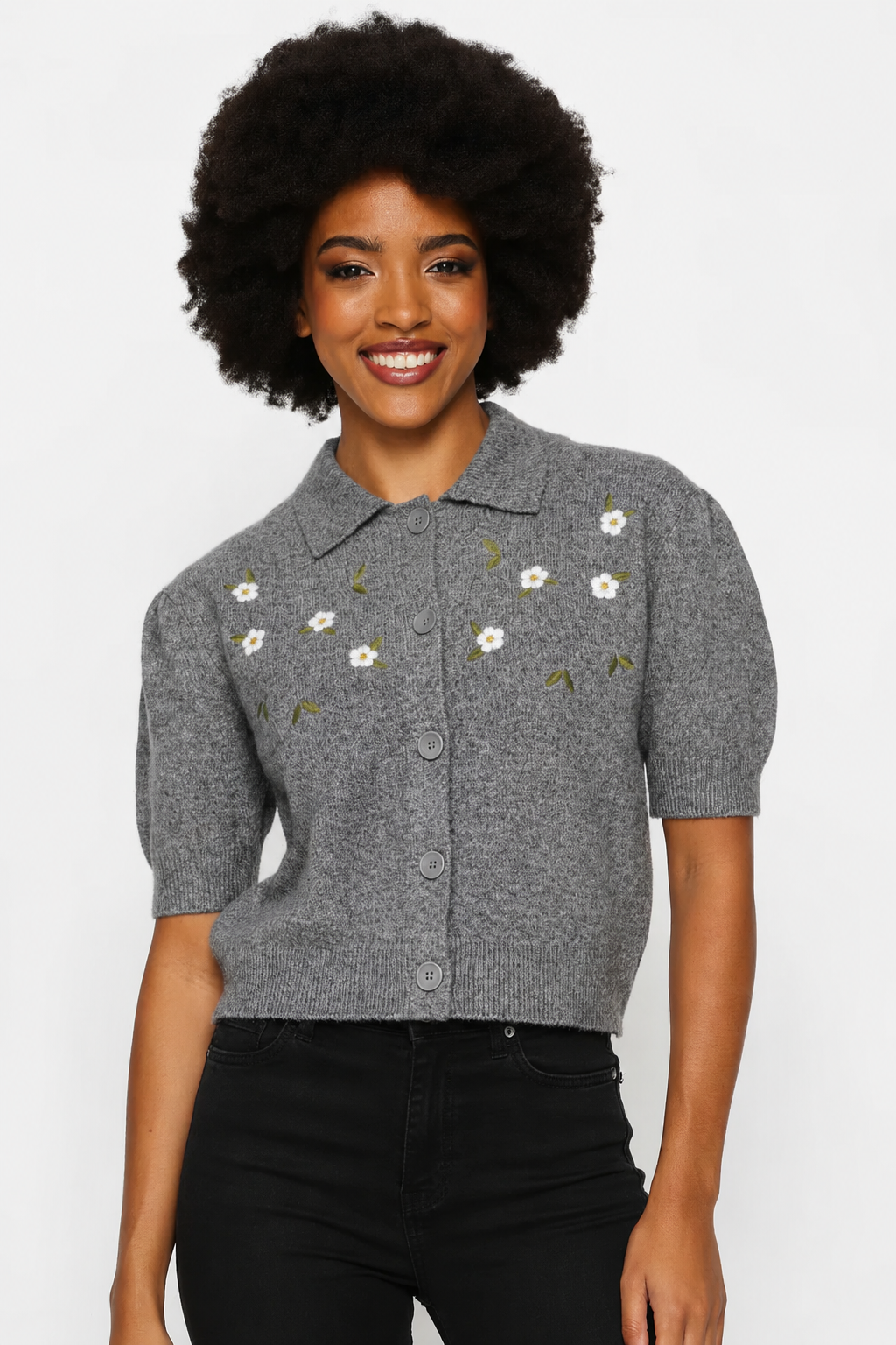 Collar Flower Embellished Knit Top - Charcoal