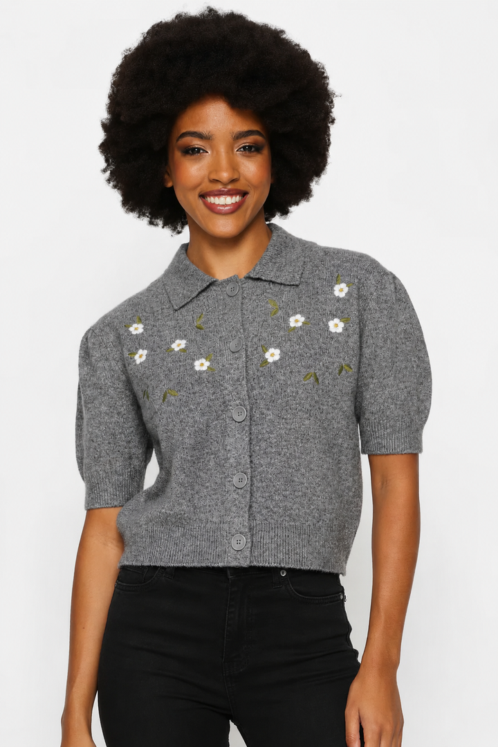 Collar Flower Embellished Knit Top - Charcoal
