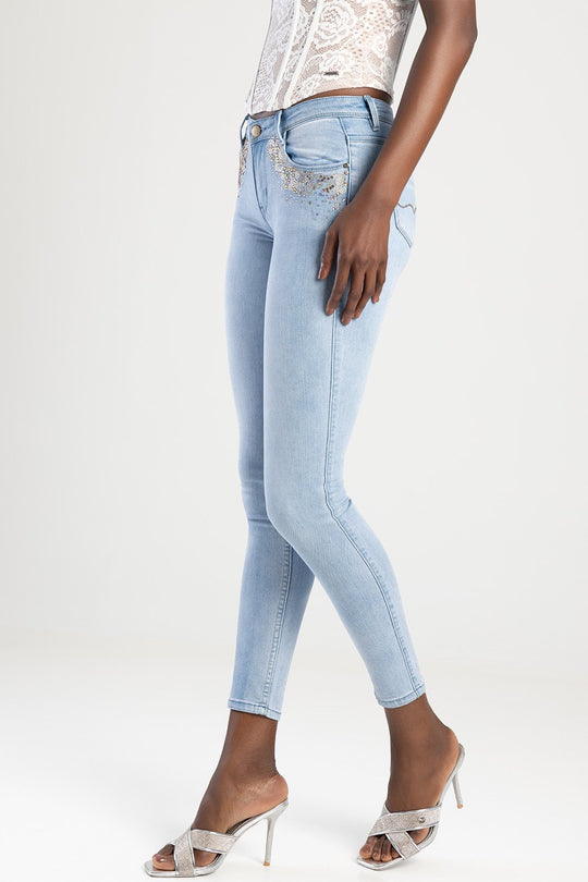 Red Button Sissy Skinny Crop Jean With Ankle Split & Embroidery Denim
