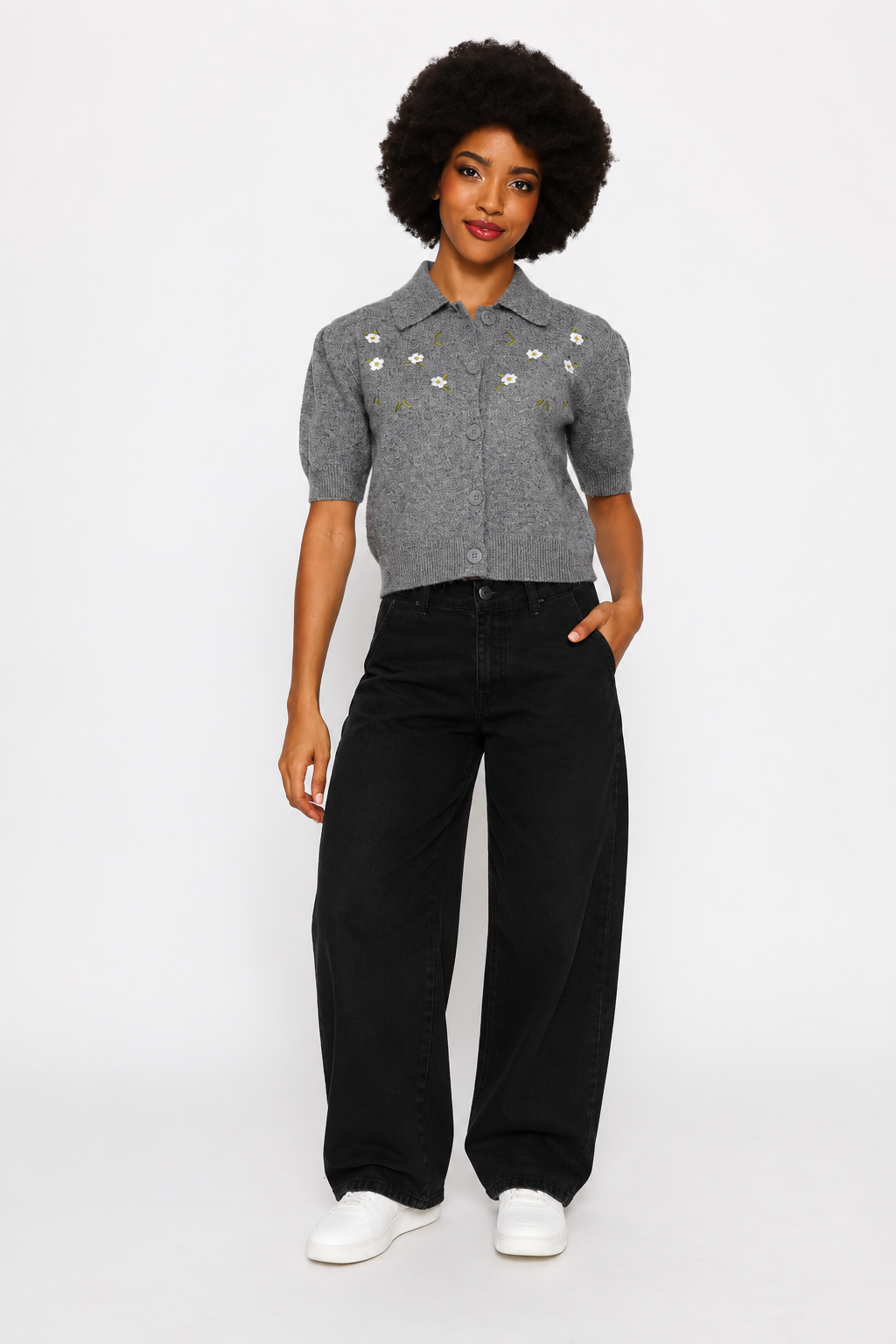 Collar Flower Embellished Knit Top - Charcoal