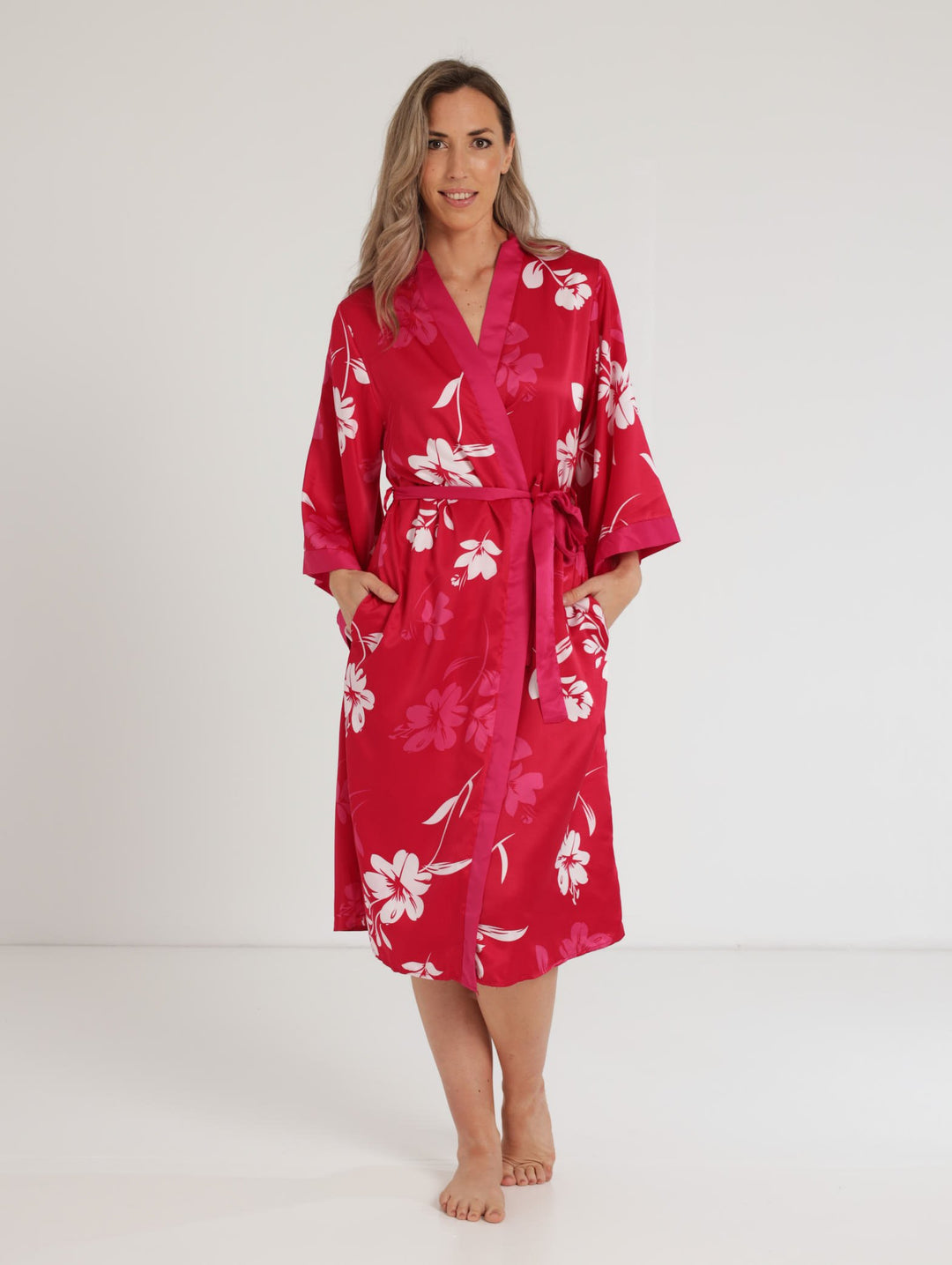 Ladies Kimono Sleeve Satin Gown - Red