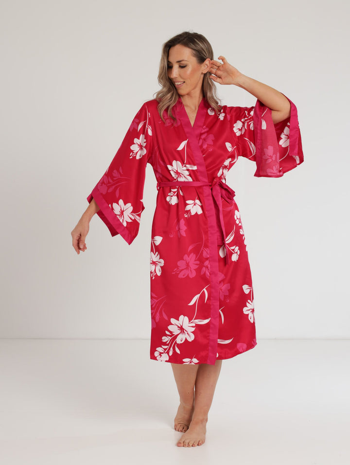 Ladies Kimono Sleeve Satin Gown - Red