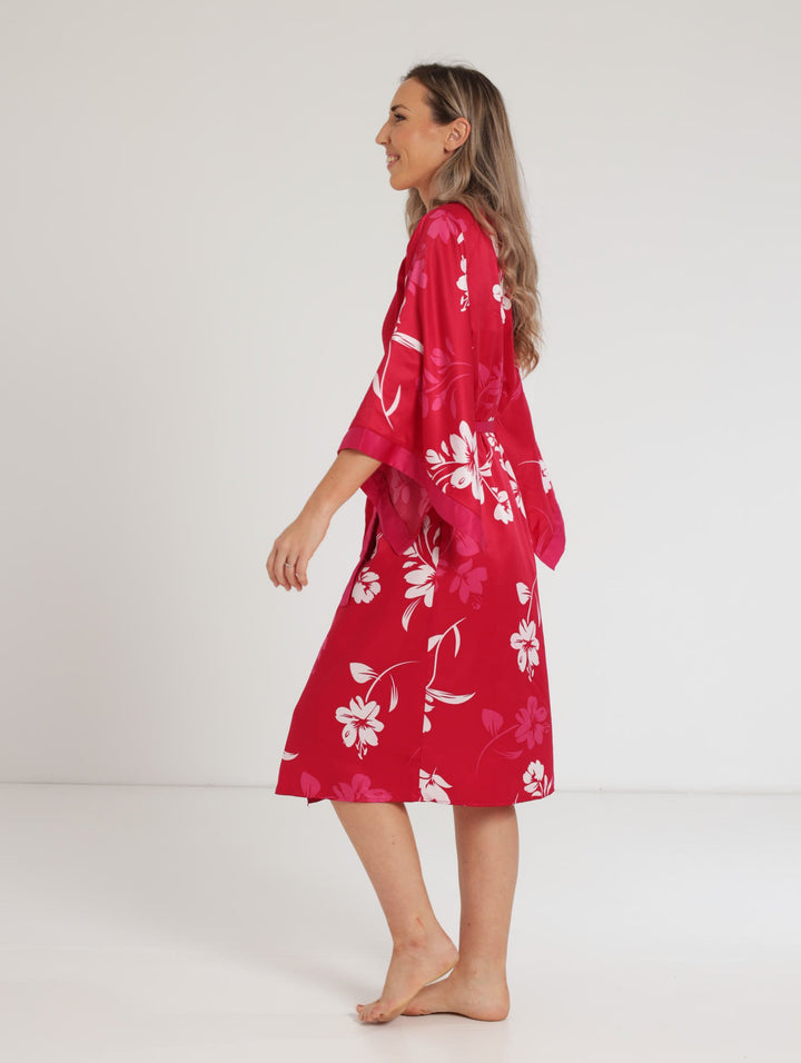 Ladies Kimono Sleeve Satin Gown - Red