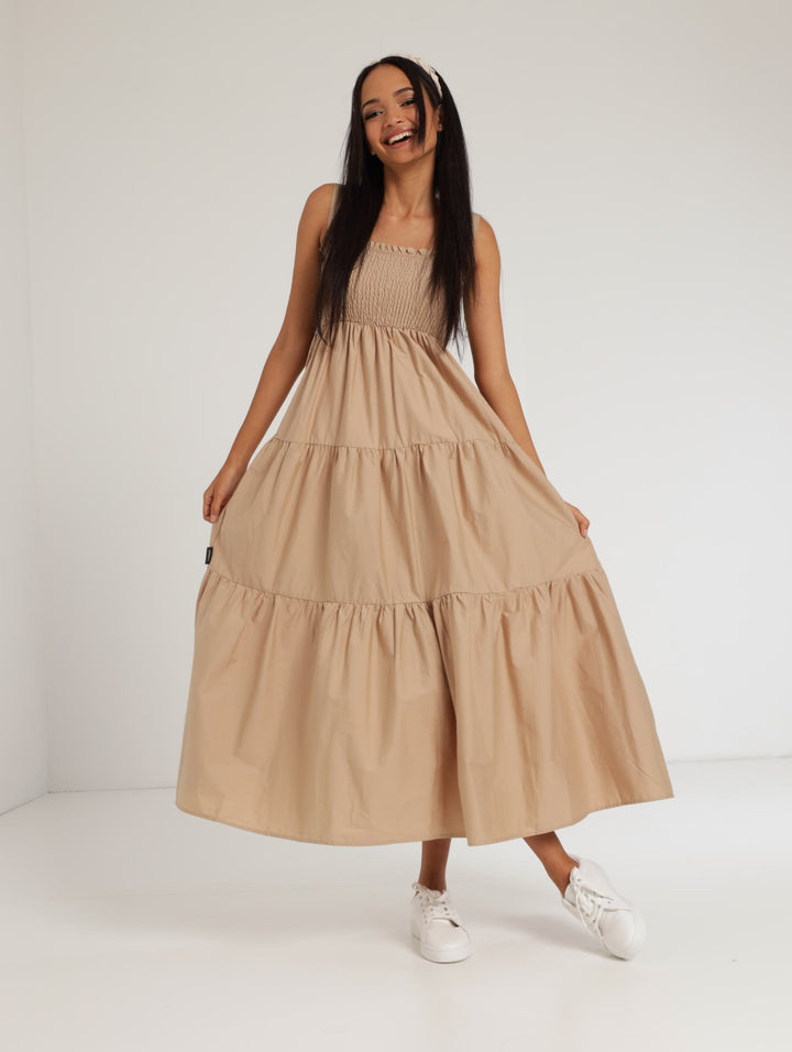 Ladies Tiered Sun Dress - Khaki