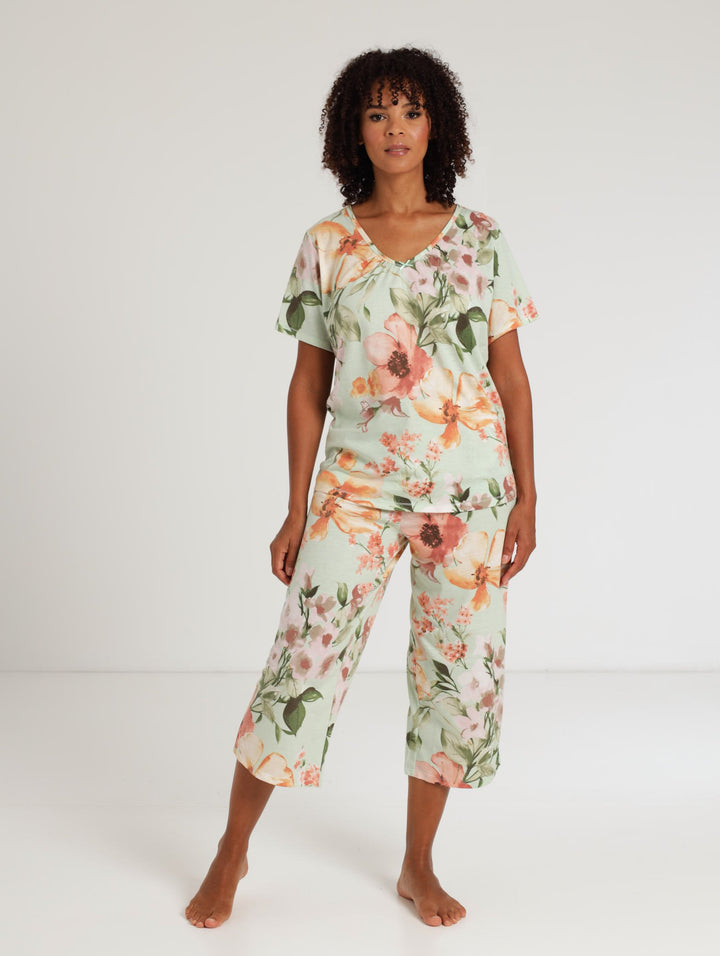 Ladies Watercolour Floral Capri Sleepset - Green