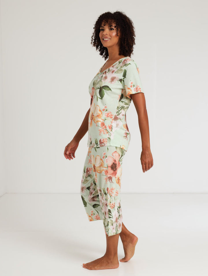 Ladies Watercolour Floral Capri Sleepset - Green