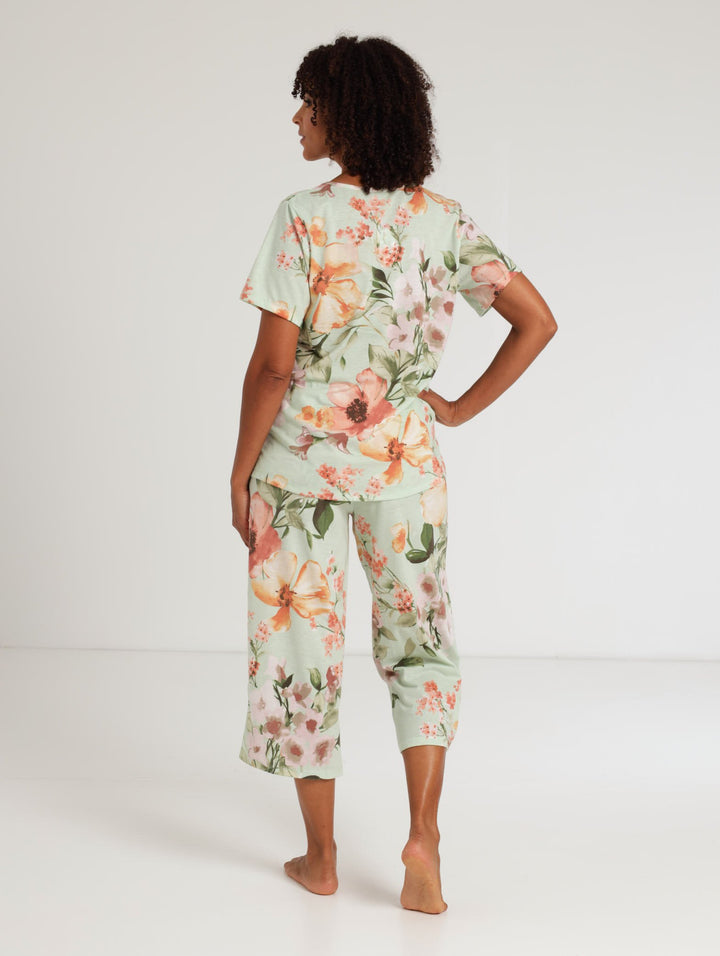 Ladies Watercolour Floral Capri Sleepset - Green