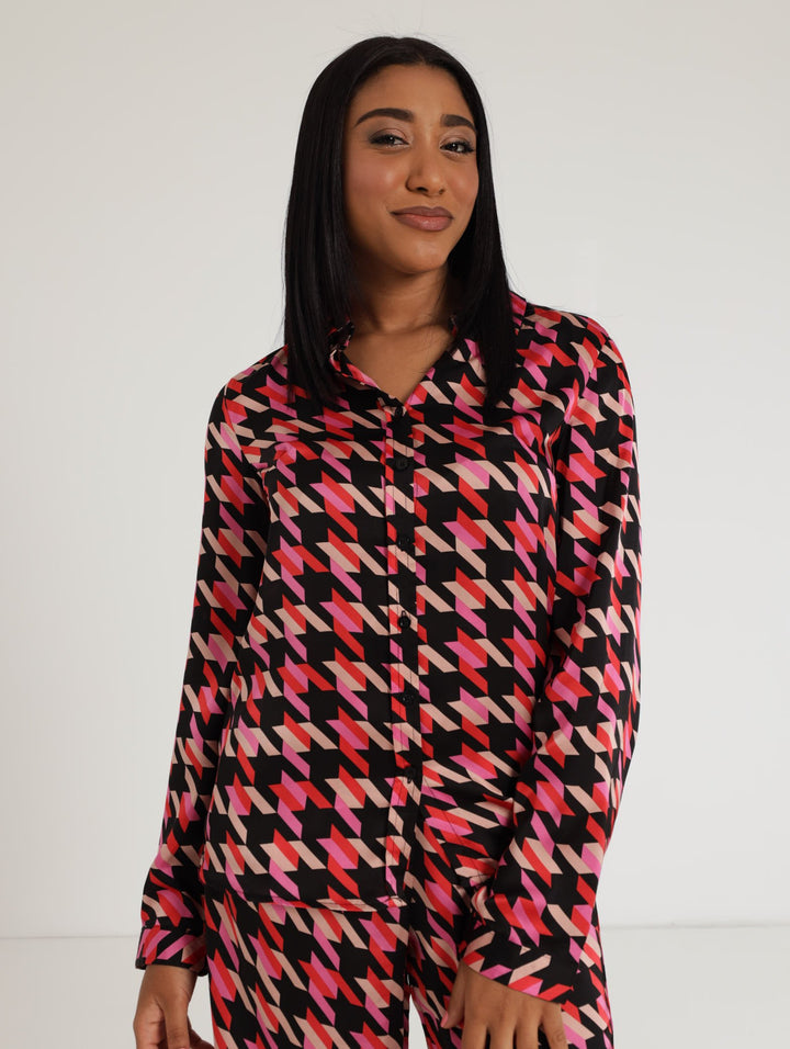 Ladies Long Sleeve Geometric Print Satin Shirt - Black