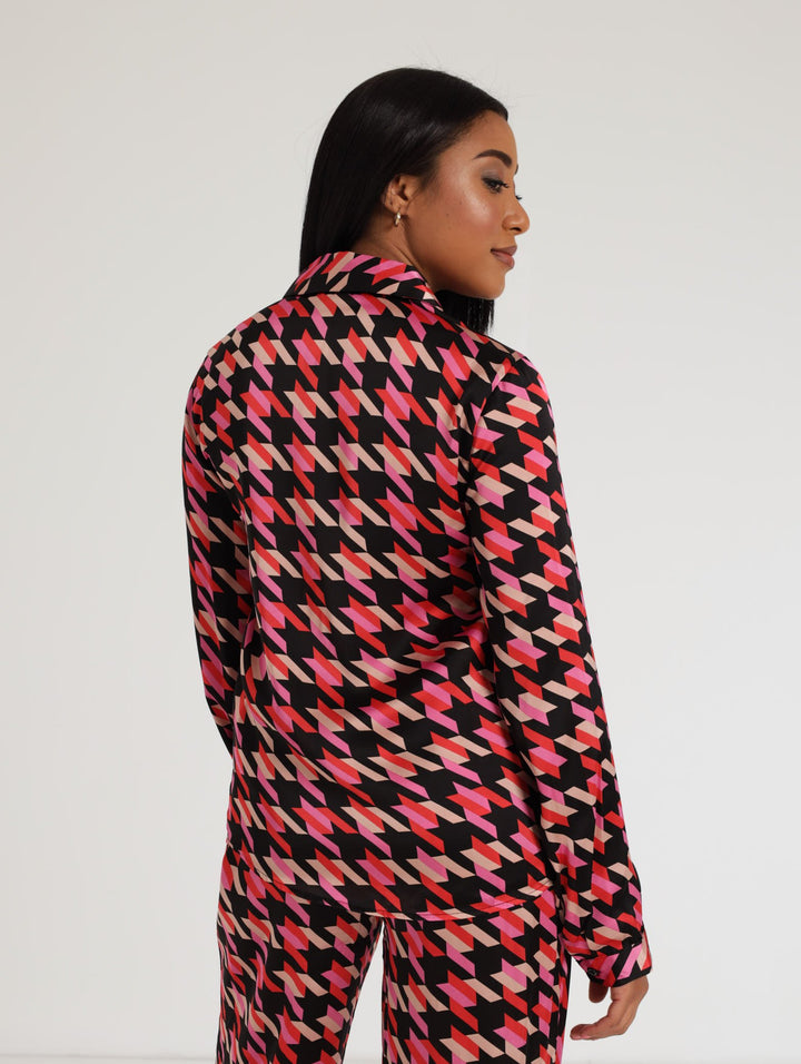 Ladies Long Sleeve Geometric Print Satin Shirt - Black