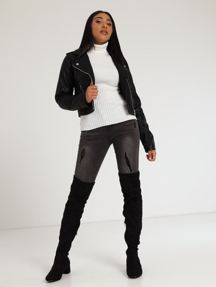 Ladies Double  Side Zip Pu Biker Jacket - Black
