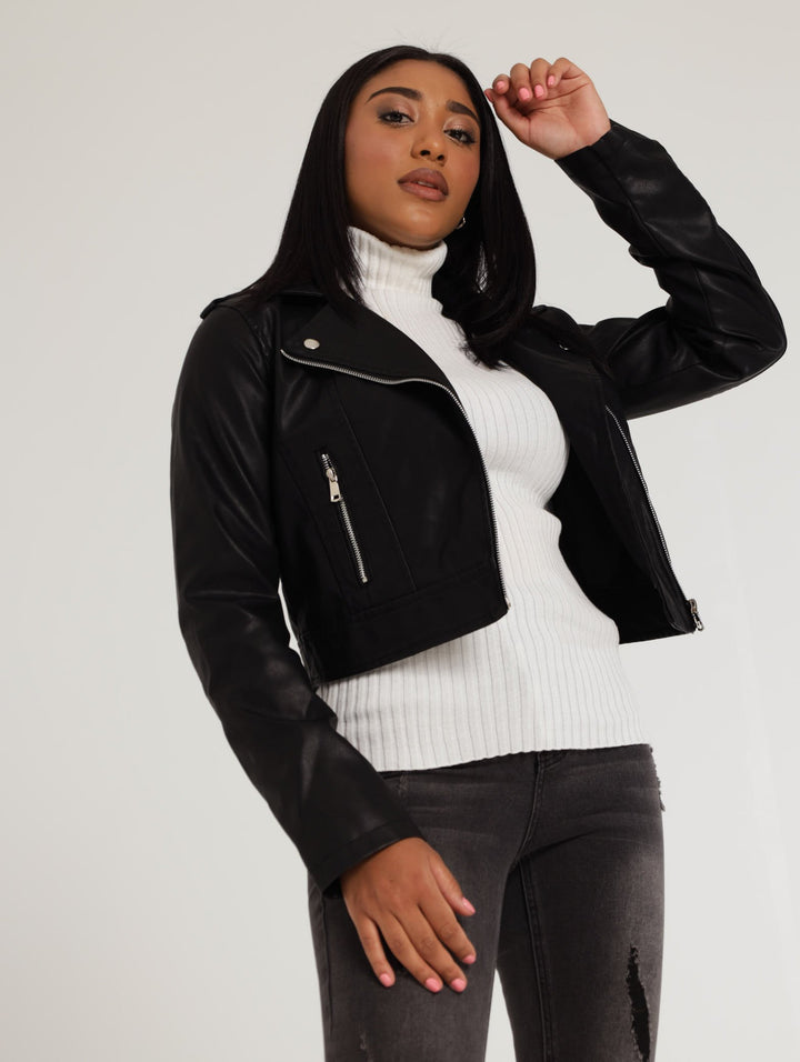 Ladies Double  Side Zip Pu Biker Jacket - Black