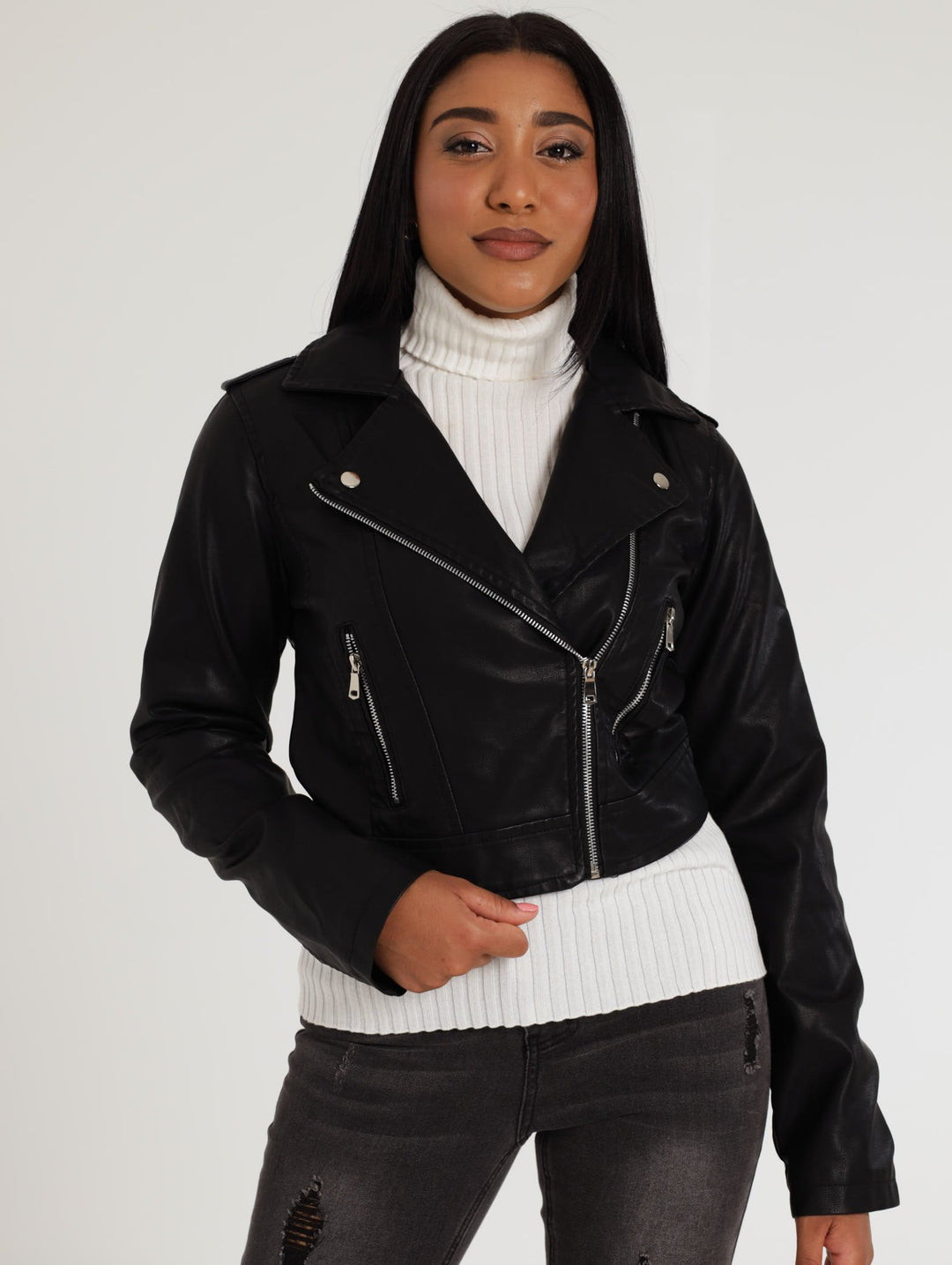 Ladies Double  Side Zip Pu Biker Jacket - Black
