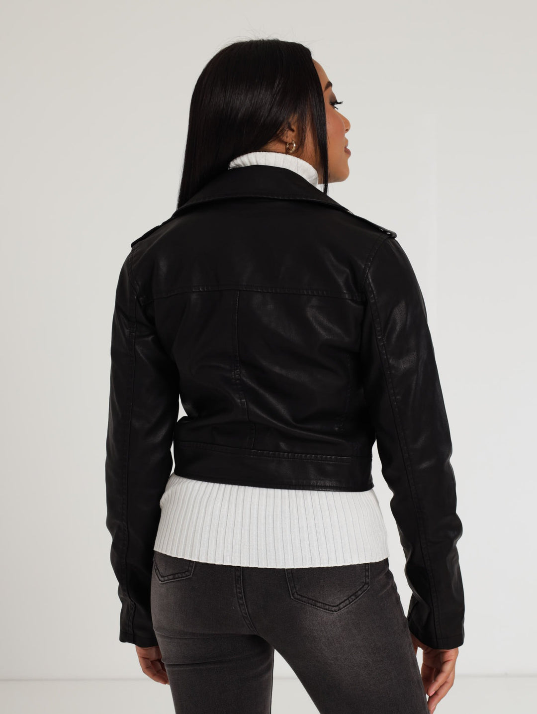 Ladies Double  Side Zip Pu Biker Jacket - Black