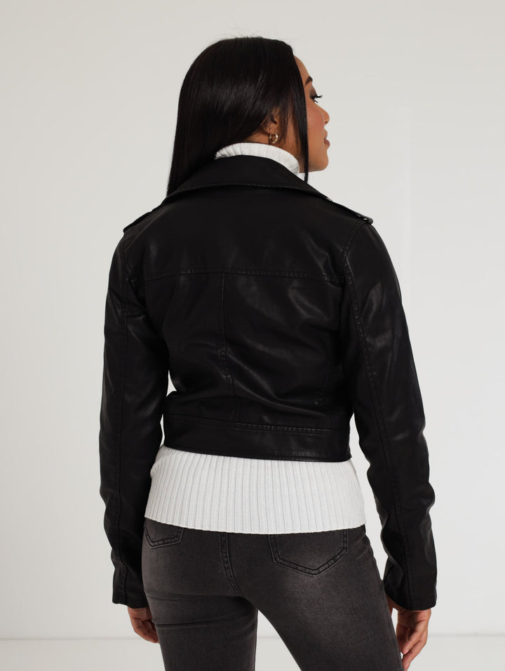 Ladies Double  Side Zip Pu Biker Jacket - Black