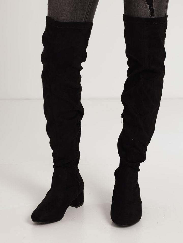Ladies Thigh High Low Block Heel Boot - Black