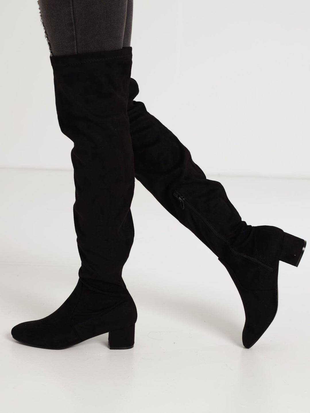 Ladies Thigh High Low Block Heel Boot - Black