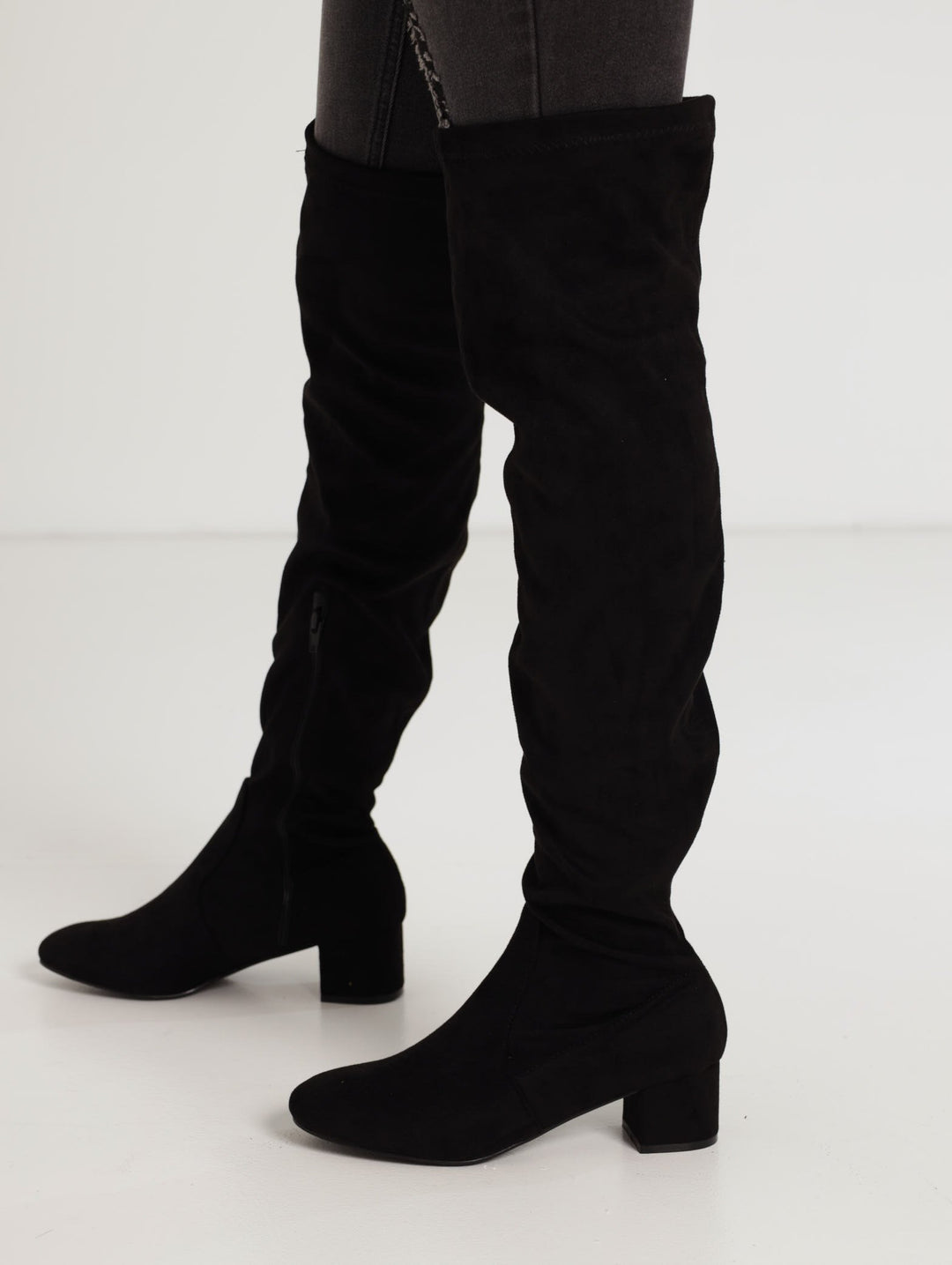 Ladies Thigh High Low Block Heel Boot - Black