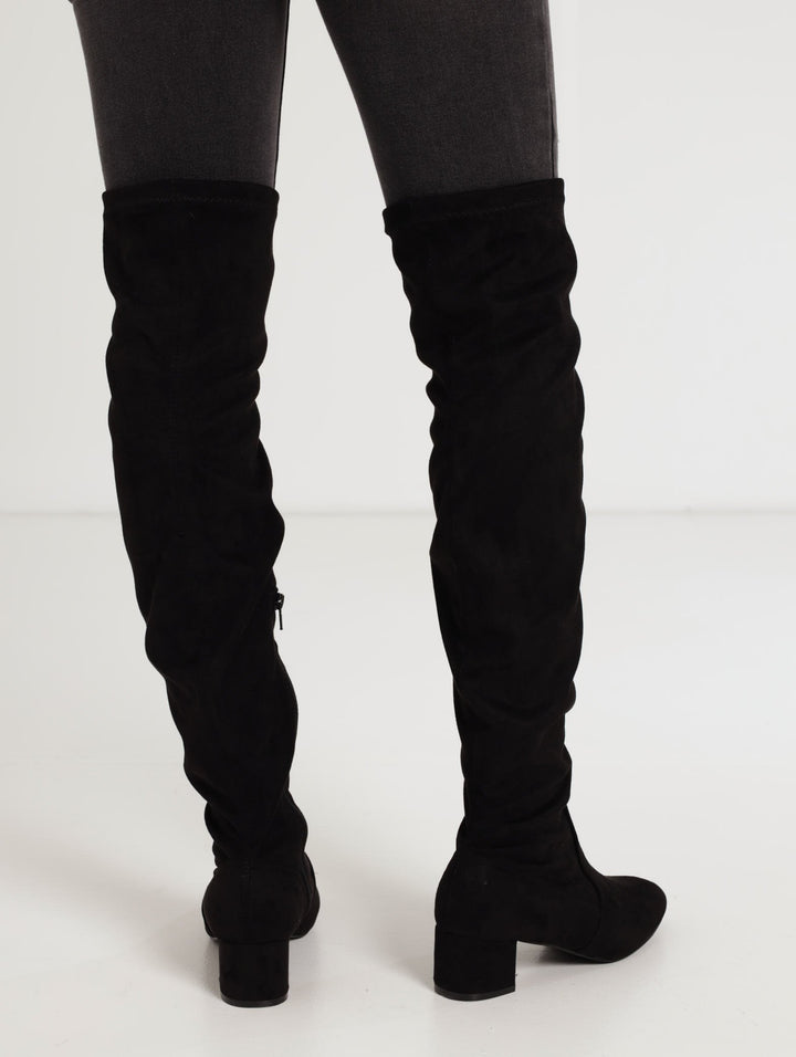 Ladies Thigh High Low Block Heel Boot - Black