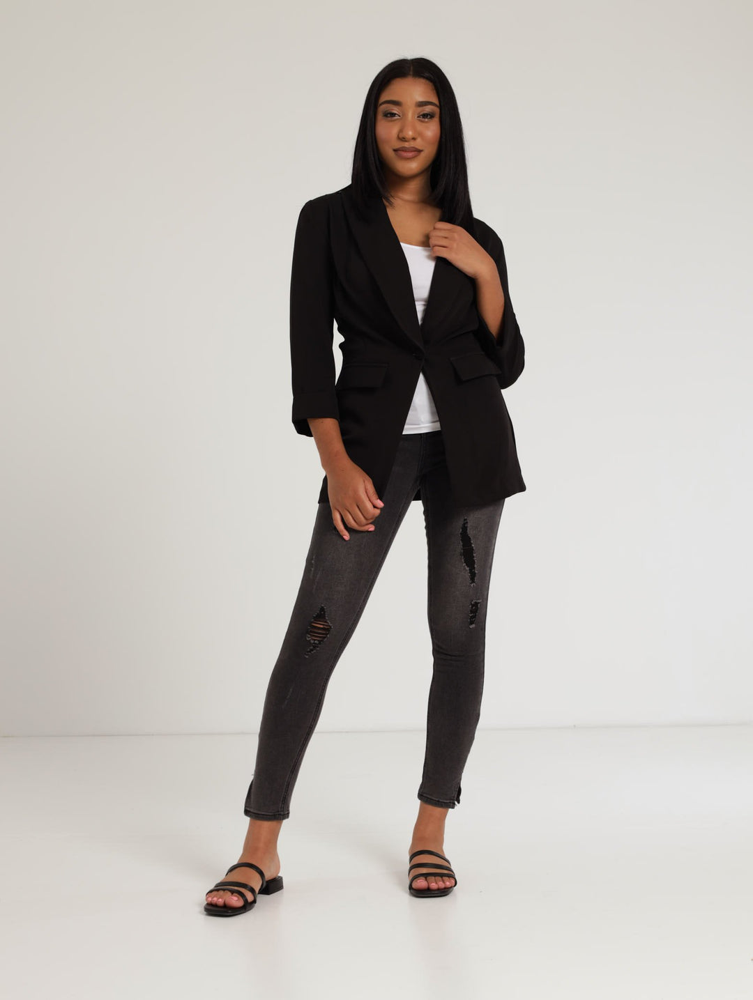 Ladies 3/4 Sleeve Half Lined Drapey Jacket - Black