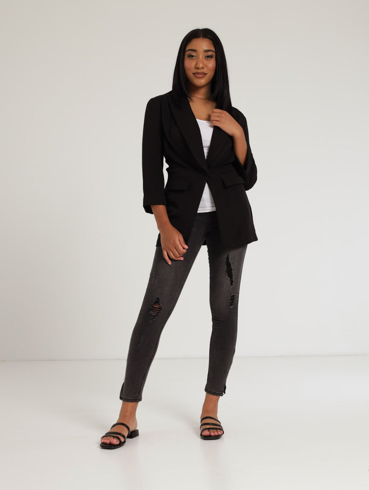 Ladies 3/4 Sleeve Half Lined Drapey Jacket - Black