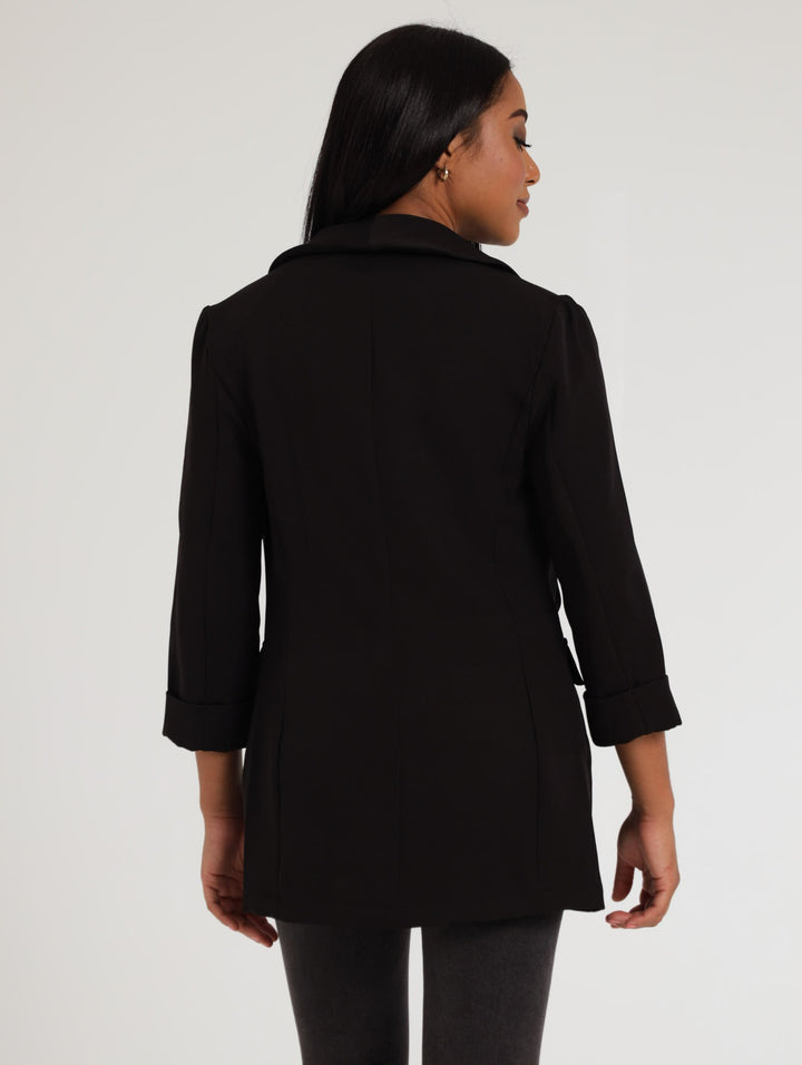 Ladies 3/4 Sleeve Half Lined Drapey Jacket - Black