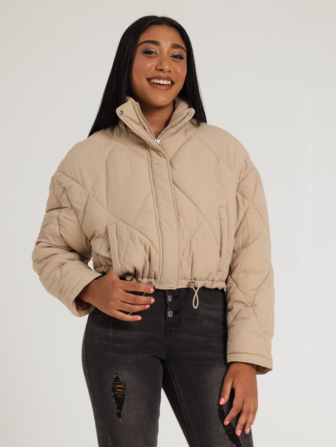 Ladies Hi Neck Bomber Jacket Stone
