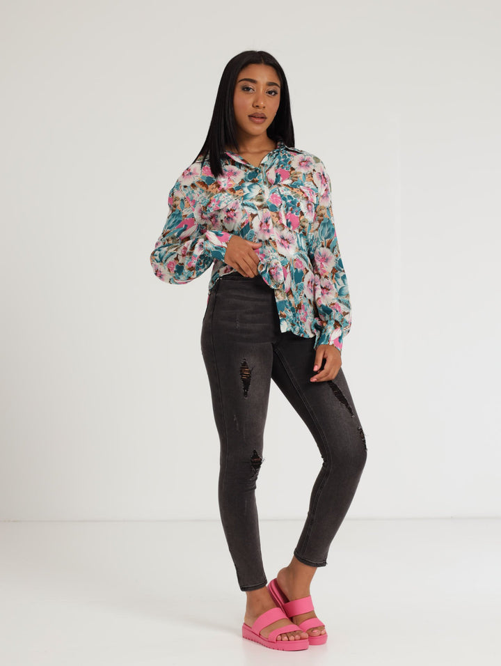 Ladies Long SLeeve Woven Floral  Button Through Shirt - Pink