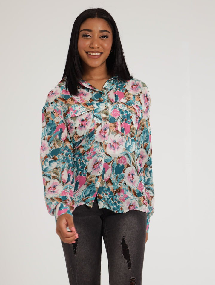 Ladies Long SLeeve Woven Floral  Button Through Shirt - Pink