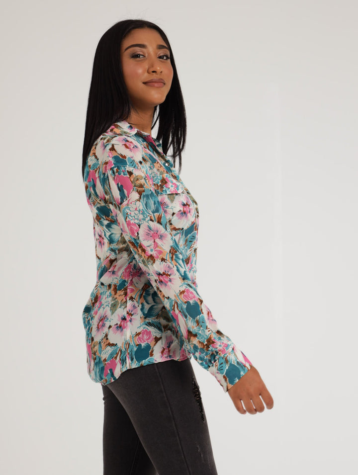 Ladies Long SLeeve Woven Floral  Button Through Shirt - Pink