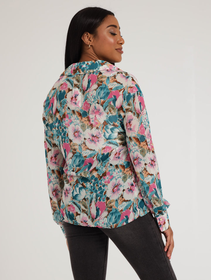 Ladies Long SLeeve Woven Floral  Button Through Shirt - Pink