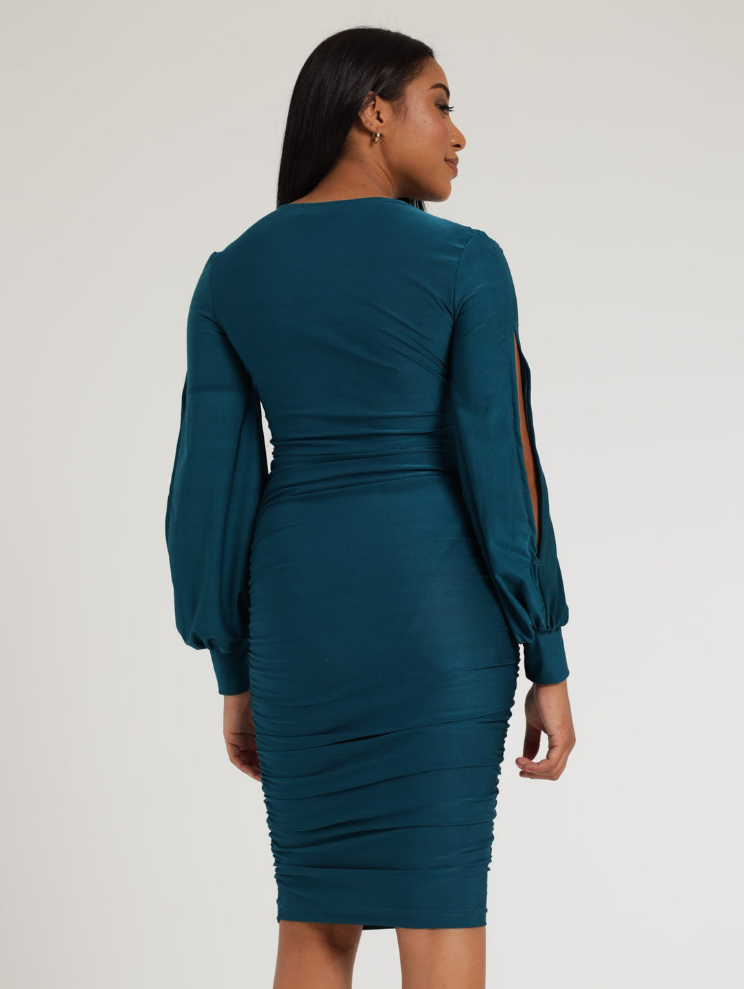 Ladies Long Sleeve Slinky Dress - Teal