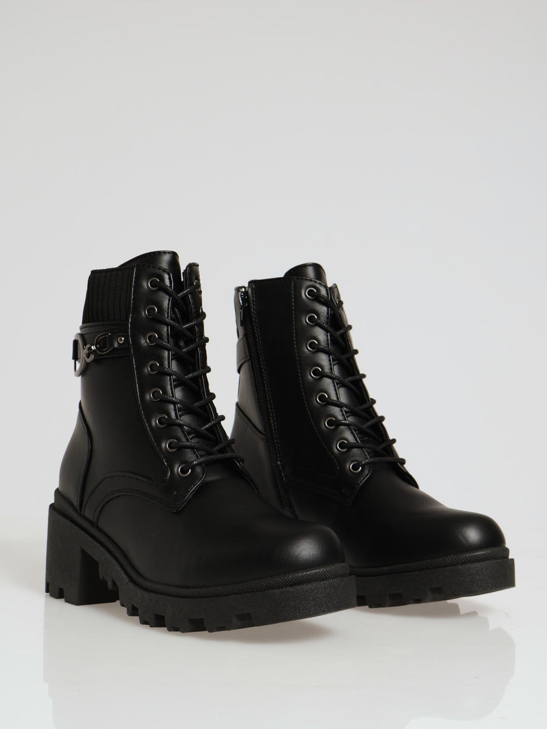 Chunky Military Boot With Sock Detail & Belt Trim - Black