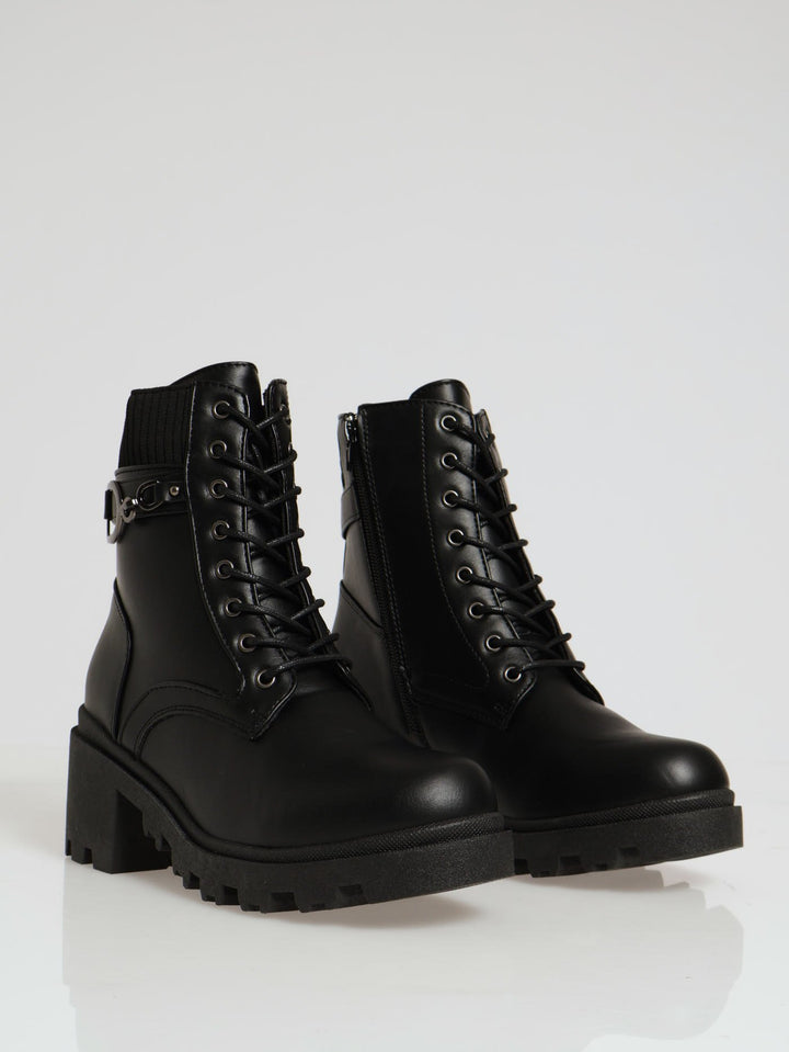 Chunky Military Boot With Sock Detail & Belt Trim - Black