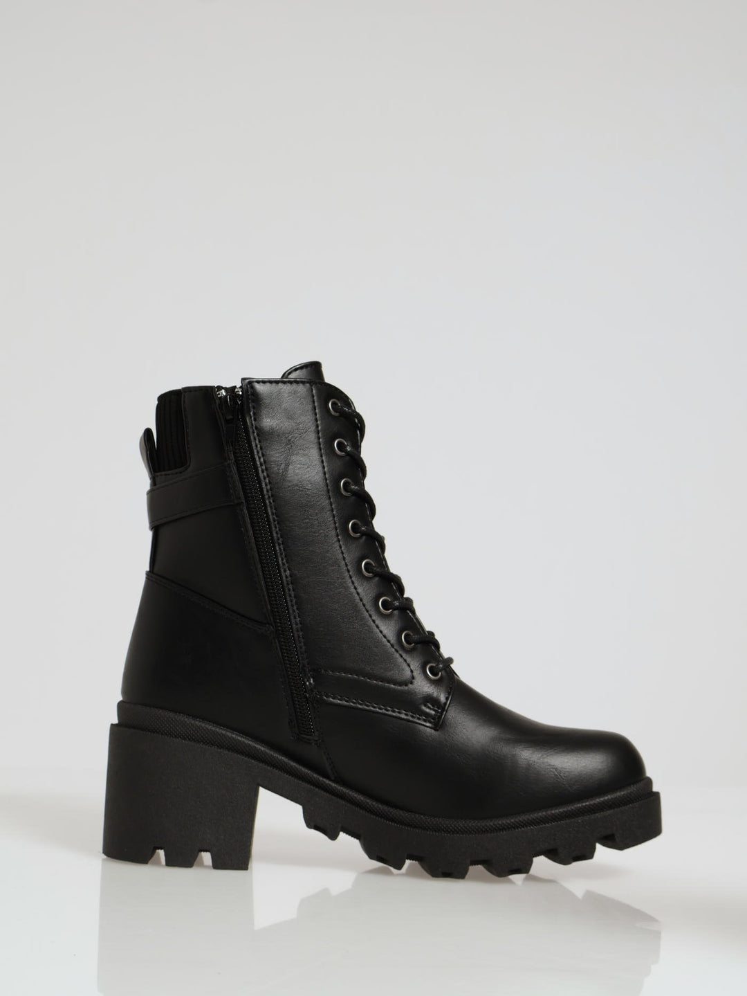Chunky Military Boot With Sock Detail & Belt Trim - Black
