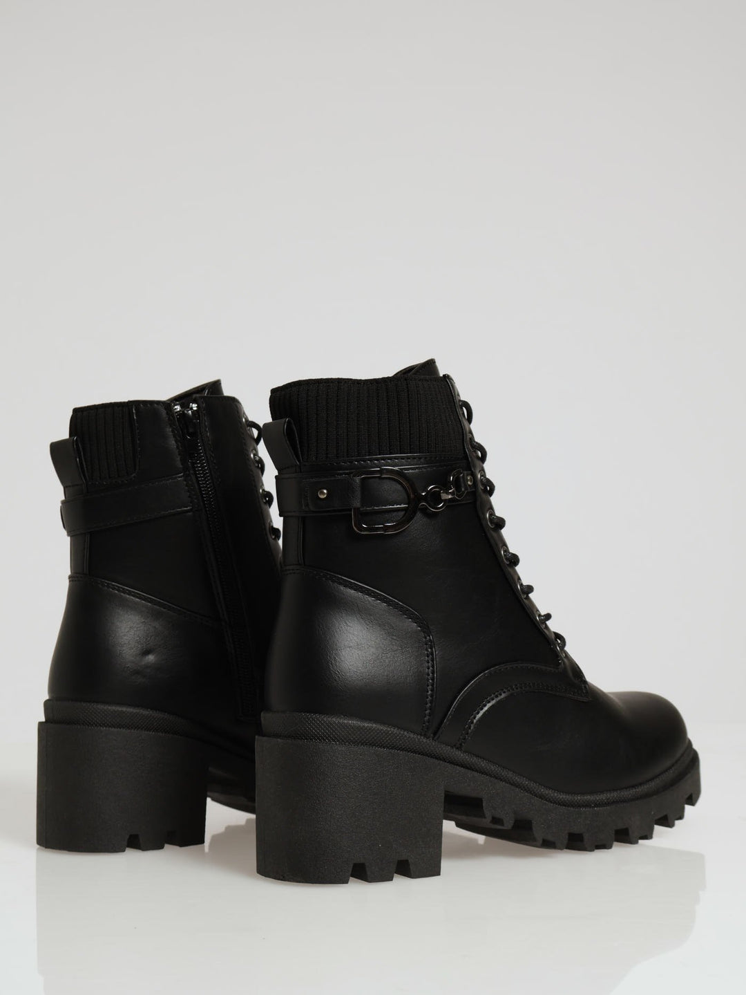 Chunky Military Boot With Sock Detail & Belt Trim - Black
