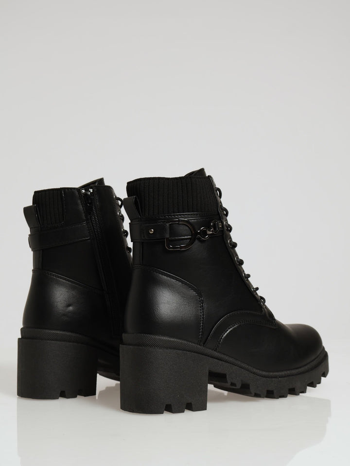 Chunky Military Boot With Sock Detail & Belt Trim - Black