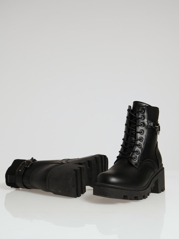 Chunky Military Boot With Sock Detail & Belt Trim - Black