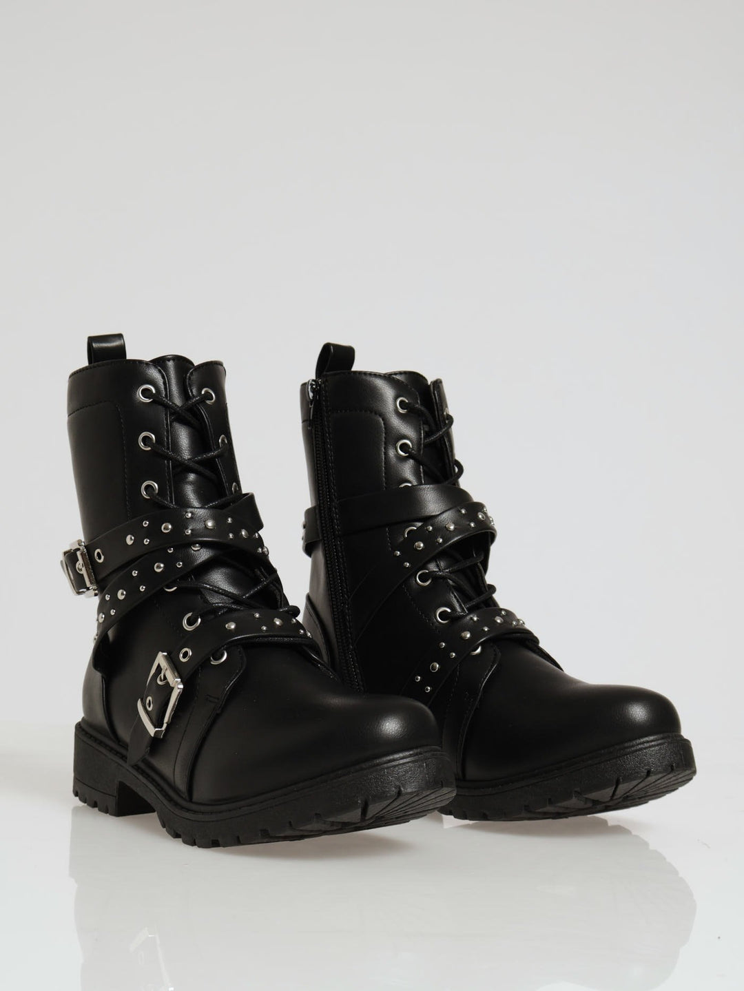Belted Chunky Military Boot - Black
