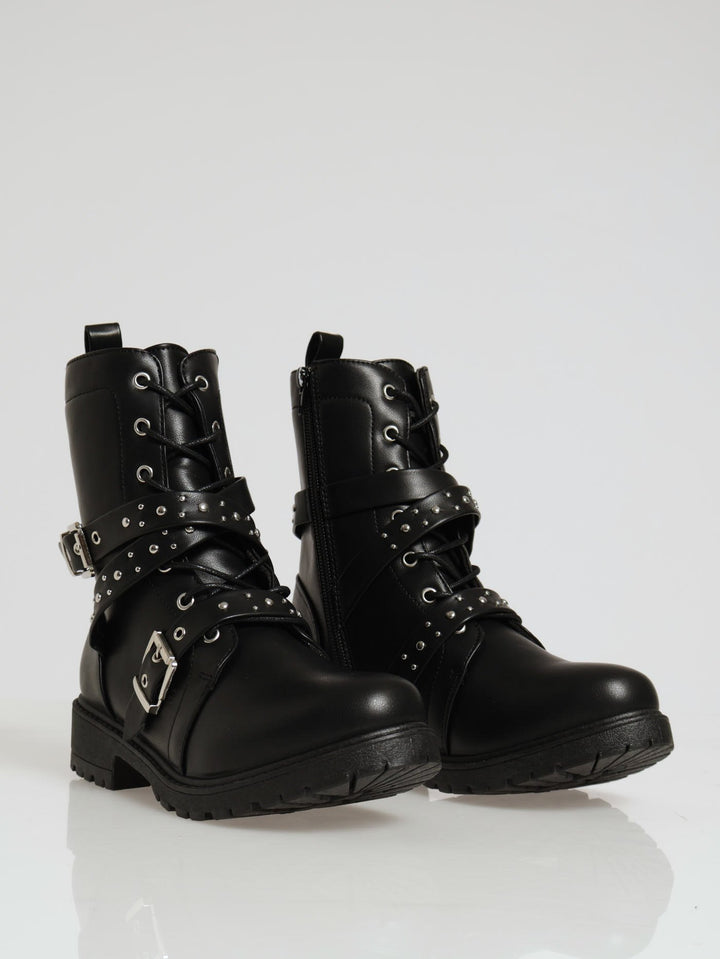 Belted Chunky Military Boot - Black