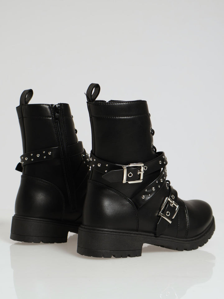 Belted Chunky Military Boot - Black