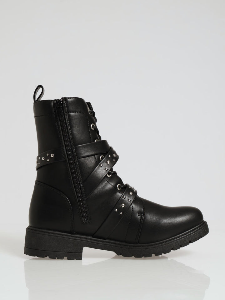 Belted Chunky Military Boot - Black