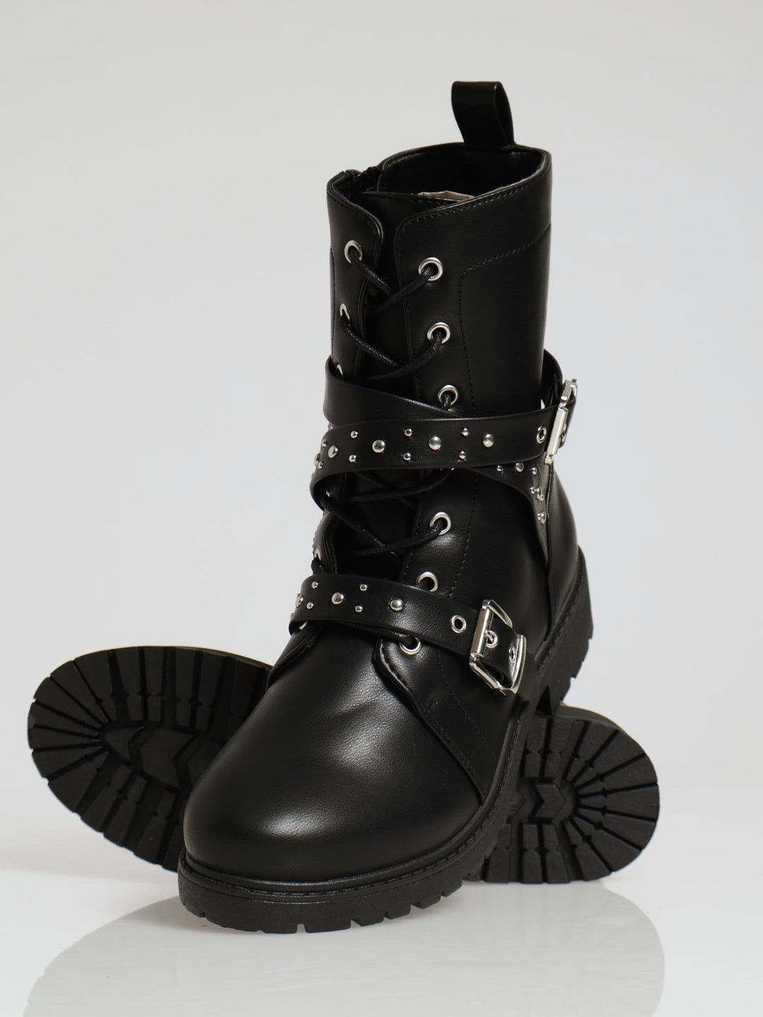 Belted Chunky Military Boot - Black