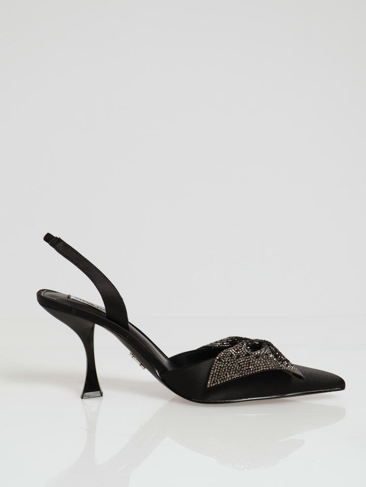 Niteowl Satin Rhinestone Pointed Toe Slingback Heel - Black